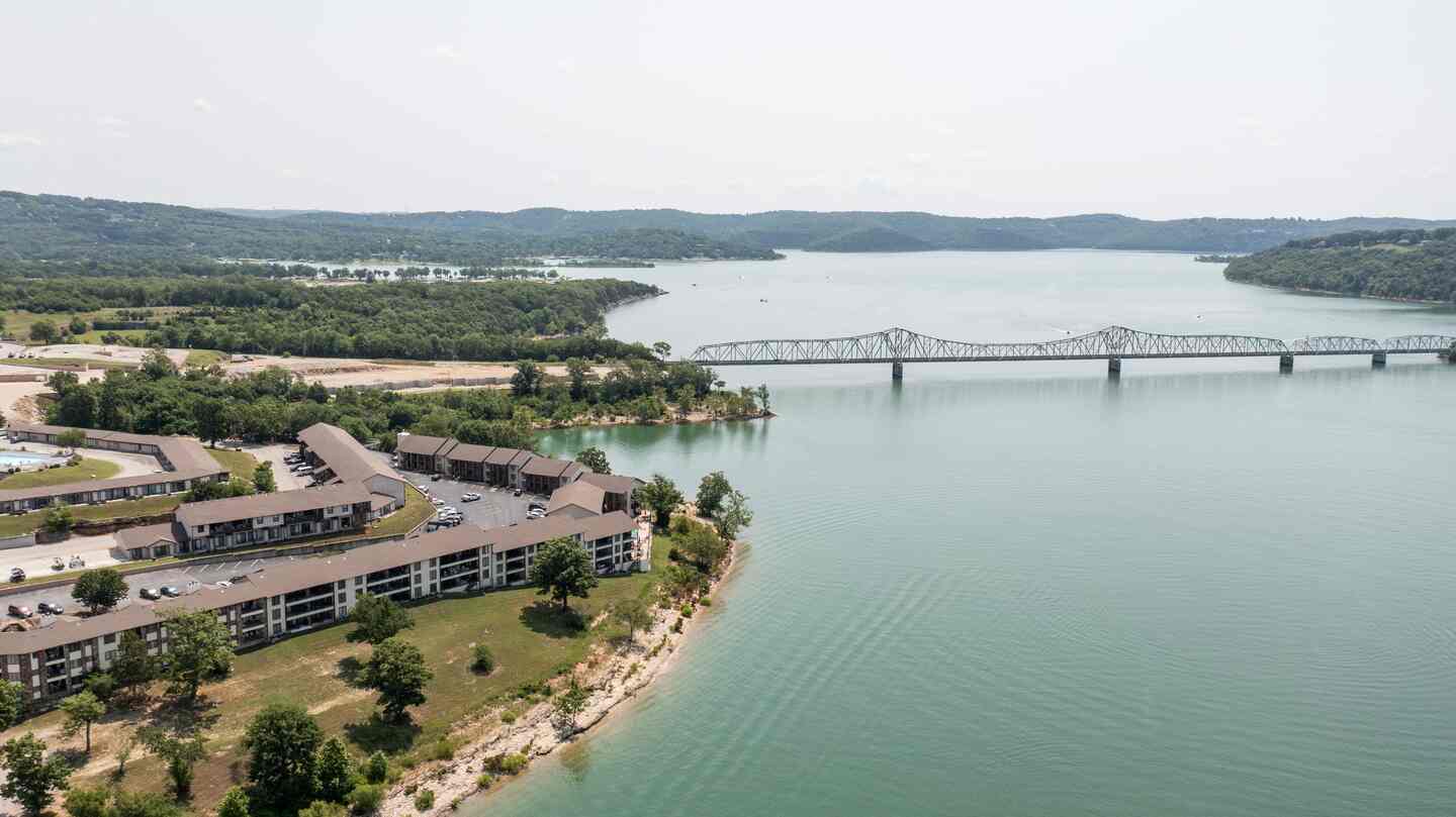 Aerial view of Table Rock Lake bridge and shoreline near Kimberling City condo