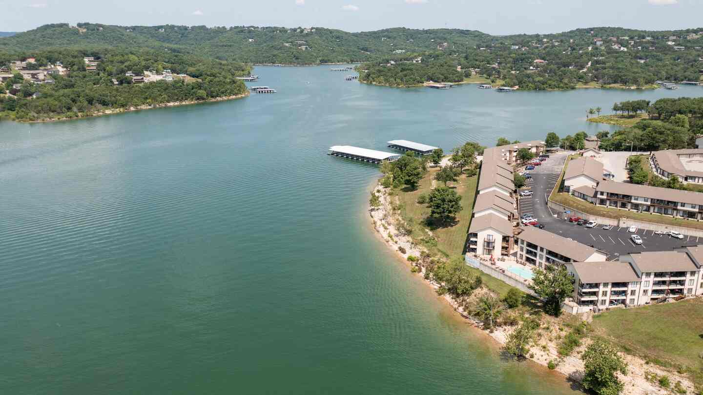 Aerial view of the Table Rock Lake shoreline near Kimberling City Getaway