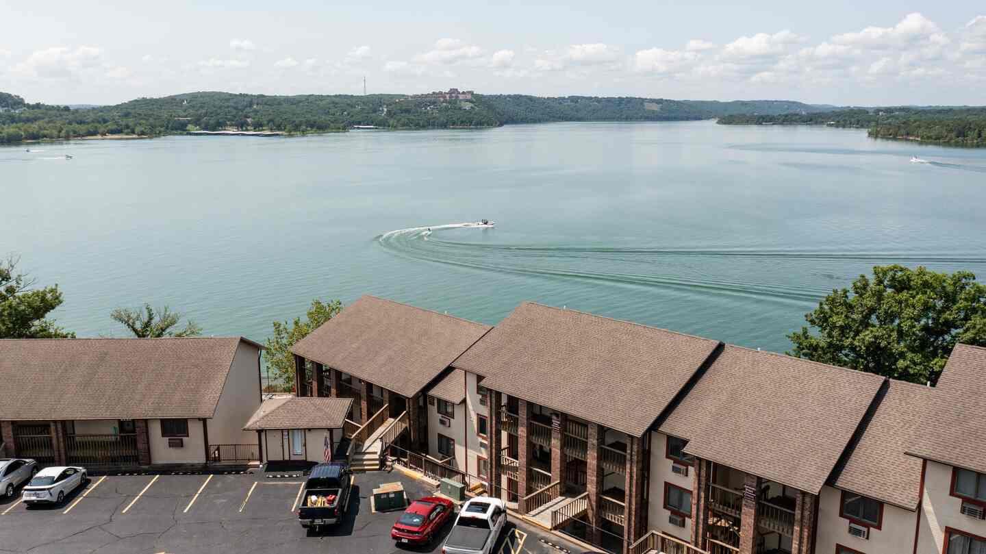 Aerial view of Table Rock Lake waterfront near Kimberling City Getaway condo complex