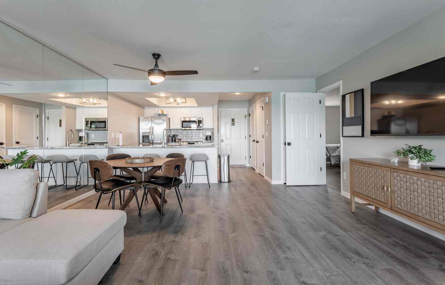 Open-concept living, dining, and kitchen area at Kimberling City Getaway condo